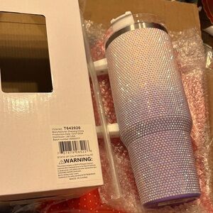 Rhinestone-Embellished Tumbler with Straw - White